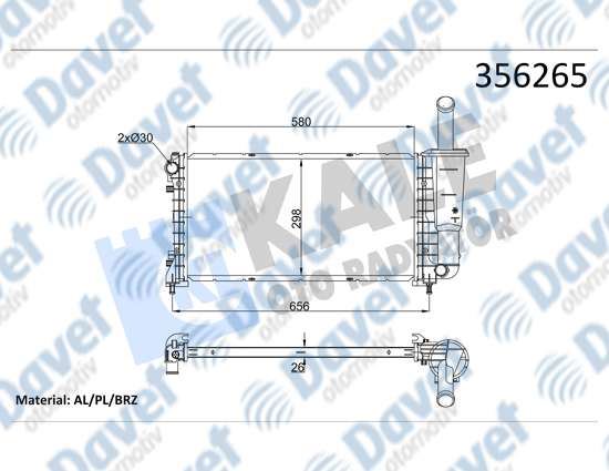 KALE 356265 Su Radyatoru Fiat Punto 1.4 03>12 (Mt) (Brazing) (580x298x26)